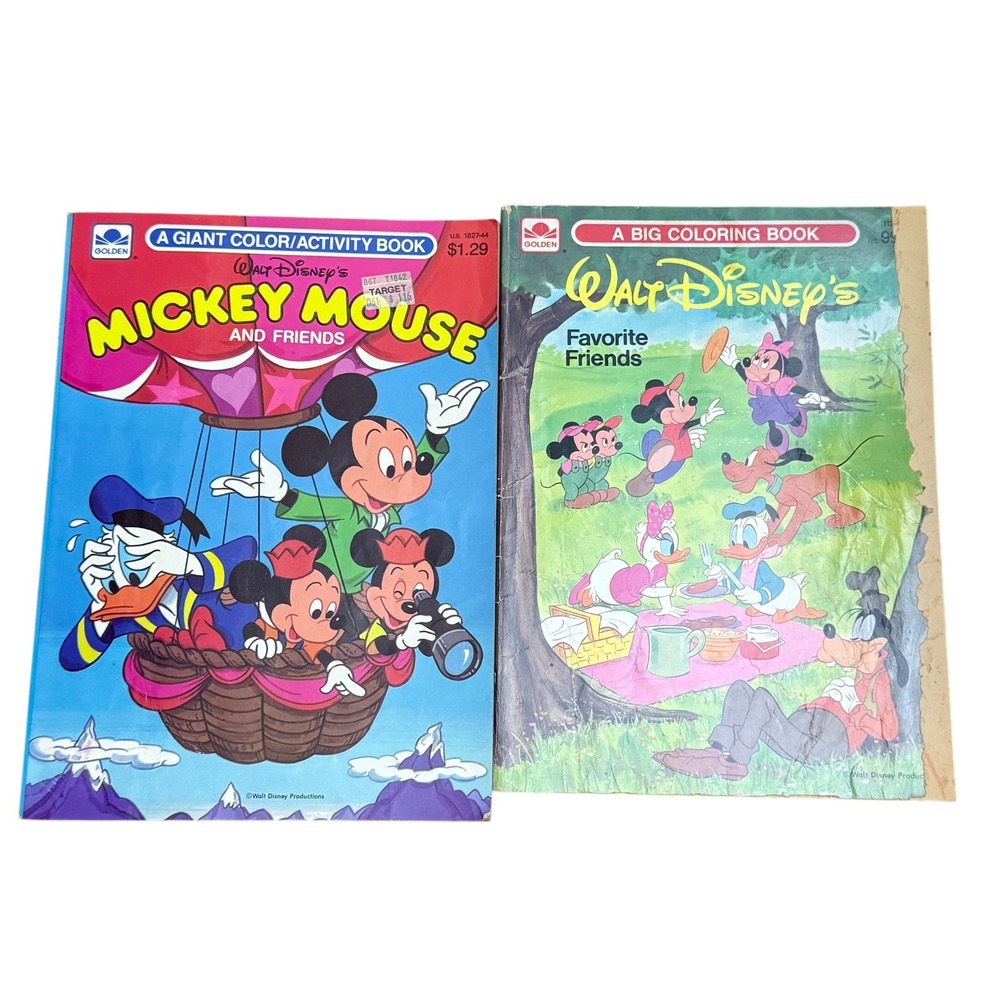 2 Vintage 1980s Walt Disney Mickey Mouse and Friends Coloring Books Retro Used